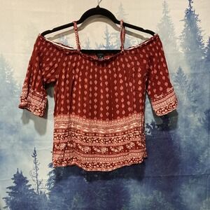 Y2K RUE 21 FLORAL BURGUNDY WHITE PRINT PEASANT OFF SHOULDER TOP Size XS